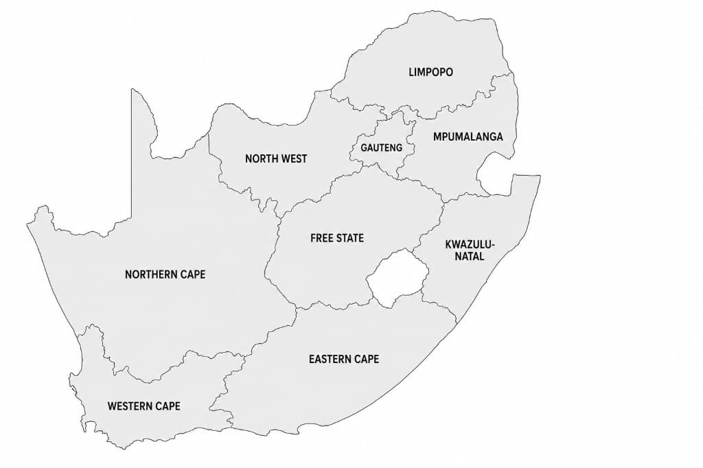 Map of South Africa showing all nine provinces